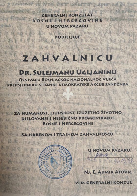Zahvalnica predsjedniku SDA Sandžaka